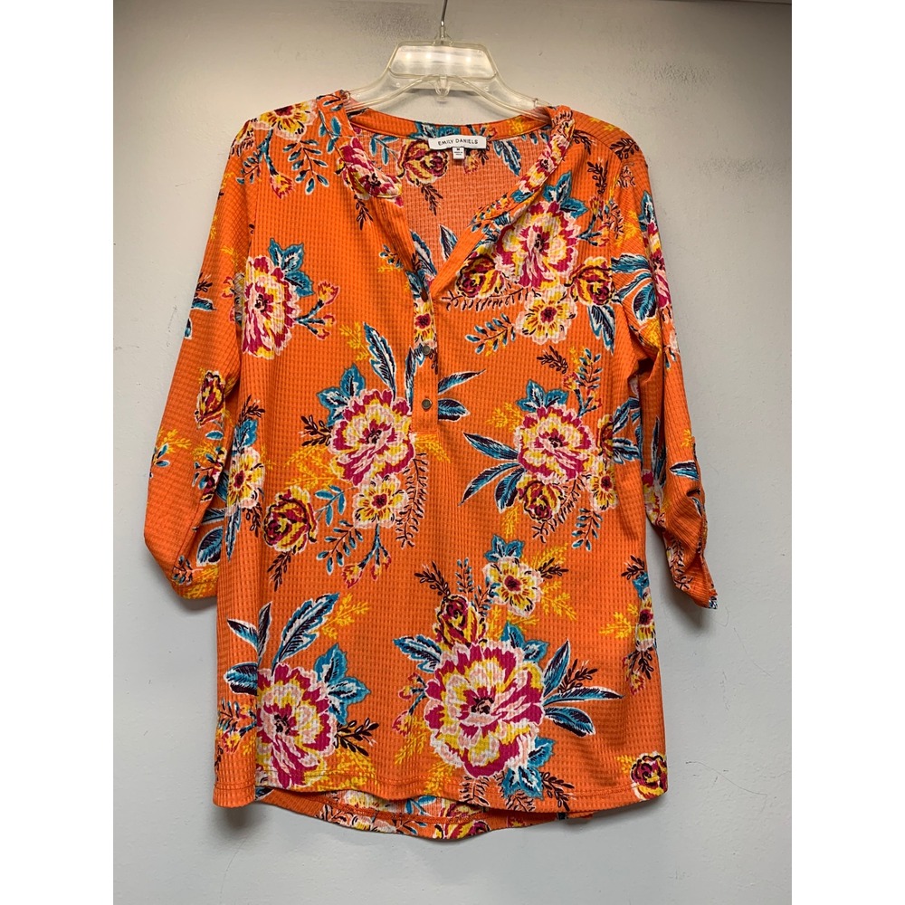 Emily Daniels Waffle Knit Top Womens Medium Orange Floral Excellent Roll Tab 3/4